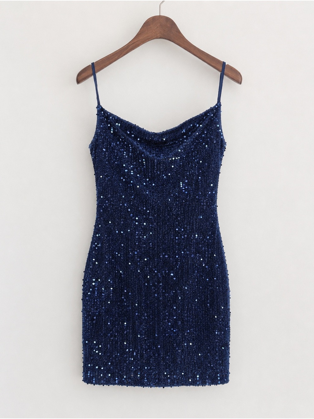 Navy Sequin Cowl Neck Mini Dress